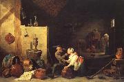 David Teniers An Old Peasant Caresses a Kitchen Maid in a Stable oil